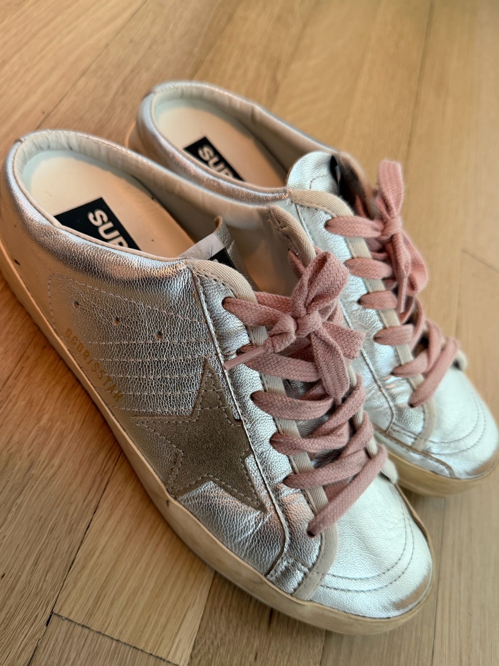 Golden Goose Metallic Silver Women’s Sneakers with Pink Laces